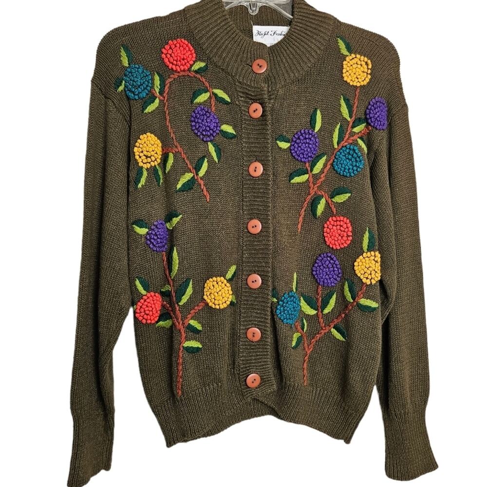 Right Fashion Womens Vintage Floral Knit Granny Cottage Cardigan Sweater Sz M